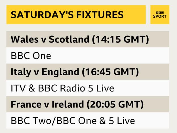 Wales v Scotland kicks off at 14:15 GMT, followed by Italy v England at 16:30 GMT and then France v Ireland at 20:05 GMT