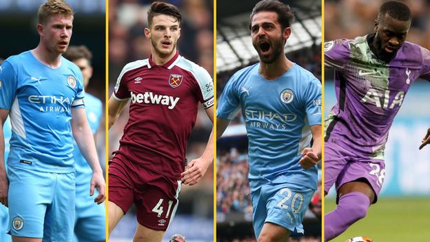 Midfielders: Kevin de Bruyne (Manchester City), Declan Rice (West Ham), Bernardo Silva (Manchester City), Tanguy Ndombele (Tottenham)