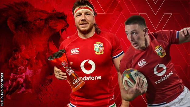 A graphic showing Hamish Watson and Josh Adams with a picture of a Lion