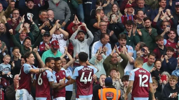 Ollie Watkins celebrates scoring for Aston Villa against Brighton in the Premier League