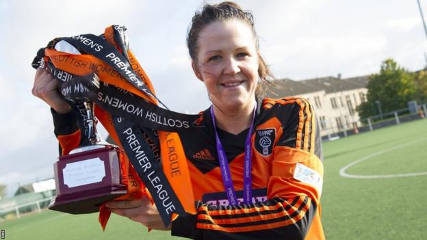 Suzanne Lappin of Glasgow City with the SWPL trophy