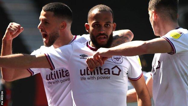 Bryan Mbeumo celebrates his goal for Brentford against Bournemouth in April