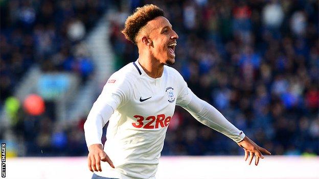 Callum Robinson celebrates scoring for Preston against Wigan