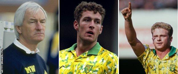 Norwich manager Mike Walker and strike duo Chris Sutton and Mark Robins