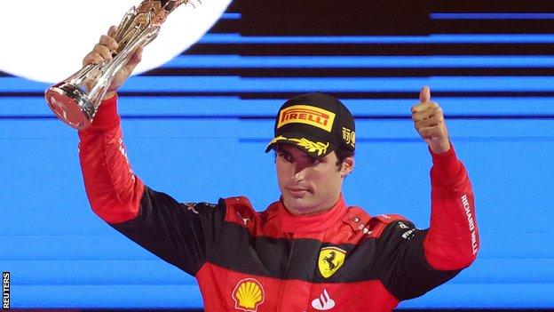 Ferrari's Carlos Sainz celebrates finishing third at the Saudi Arabia Grand Prix