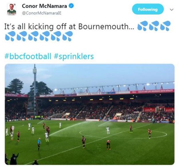 Tweet from the BBC's Conor McNamara showing the sprinklers at the Vitality Stadium going off before the end of the game