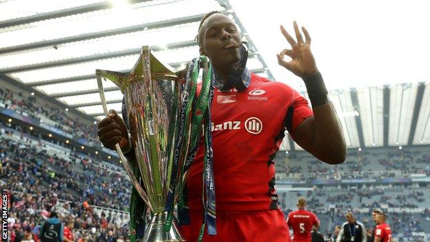 Maro Itoje celebrates winning the Champions Cup with Saracens