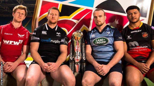 L-R: Scarlets' Rhys Patchell, Bradley Davies of Ospreys, Cardiff Blues' Kristian Dacey and Dragons' Leon Brown