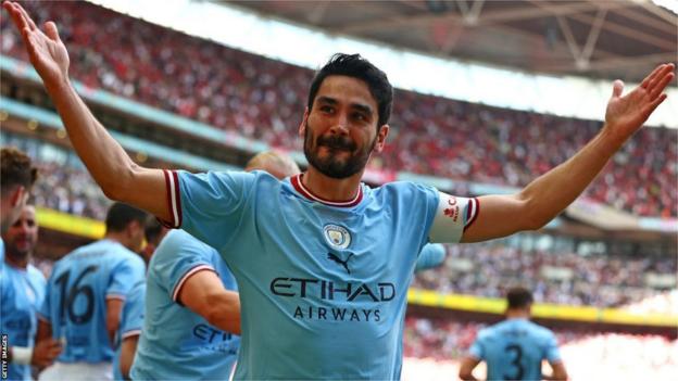 Ilkay Gundogan celebrates scoring successful  the FA Cup last  successful  June