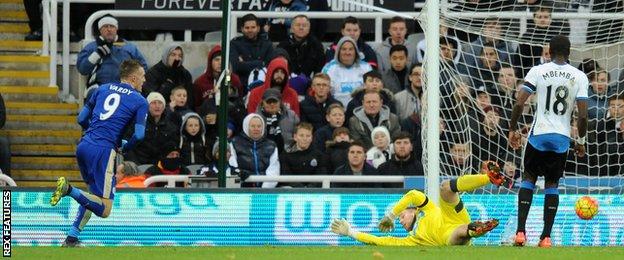 Jamie Vardy scores against Newcastle