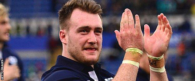 Stuart Hogg applauds Scotland supporters after their win in Rome
