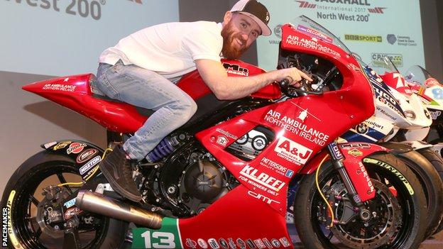 Lee Johnston sits aboard the Kawasaki machine at Wednesday night's NW 200 launch in Coleraine