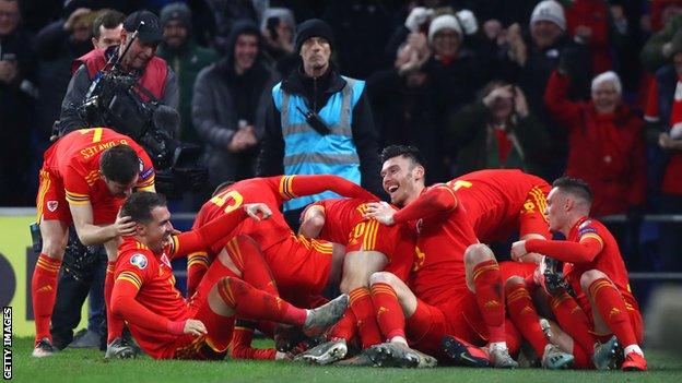 Wales celebrate Ramsey's first goal