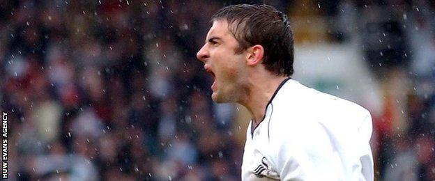 James Thomas celebrates on of his three goals for Swansea against Hull in 2003