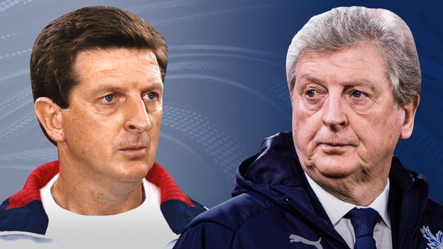 An image of Roy Hodgson at the start of his managerial career, and a more recent one of him as Crystal Palace boss