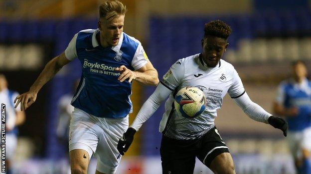 Jamal Lowe made his 41st Swansea appearance of the season in the 1-0 defeat at Birmingham City