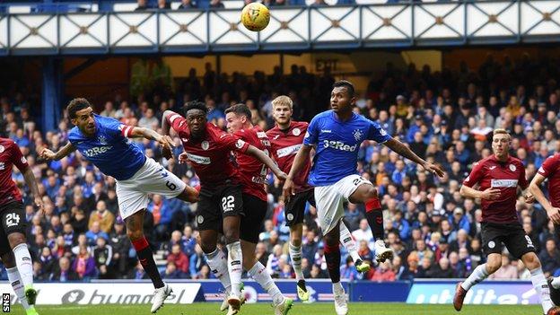 Connor Goldson heads home a free-kick to put Rangers 2-0 up