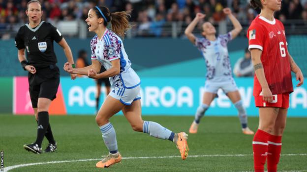 Aitana Bonmati of Spain celebrates aft  scoring against Switzerland astatine  the Women's World Cup