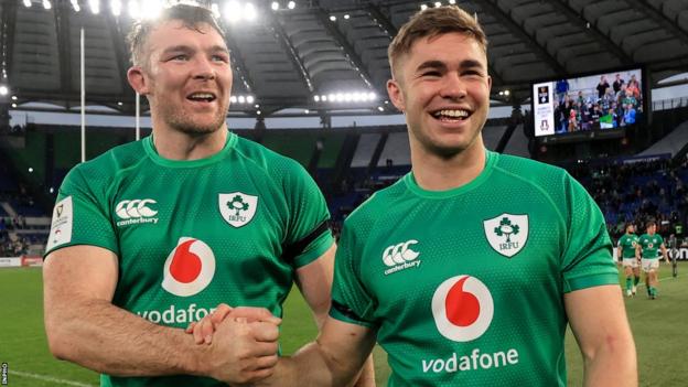 Peter O'Mahony and Jack Crowley celebrate victory over Italy