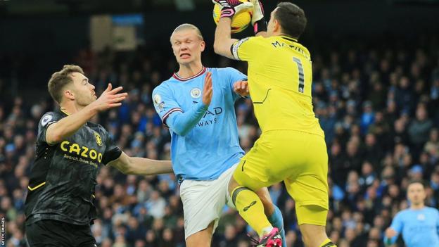 Manchester City striker Erling Haaland collides with Aston Villa goalkeeper Emi Martinez