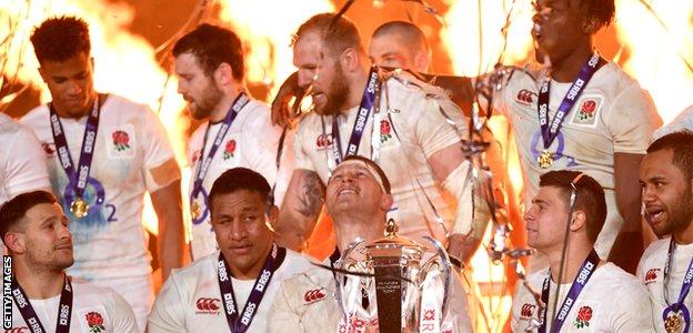 England lift the Six Nations trophy in Dublin in 2017
