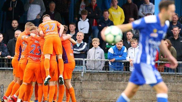 Celebrations for Glenavon after Gary Muir opens the scoring at the Showgrounds