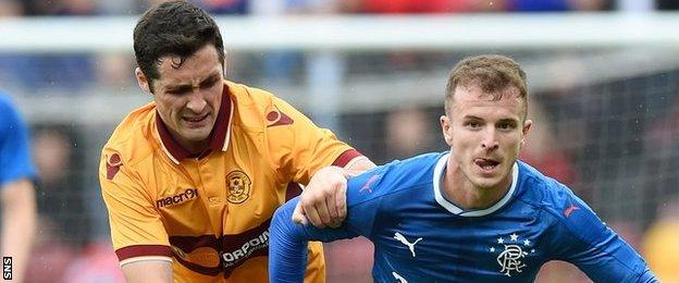 New Motherwell signing Carl McHugh battles with Rangers' Andrew Halliday
