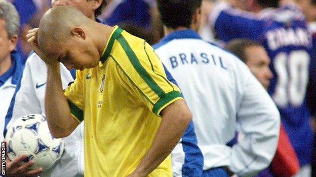 Ronaldo looks dejected after the 1998 World Cup final defeat to France