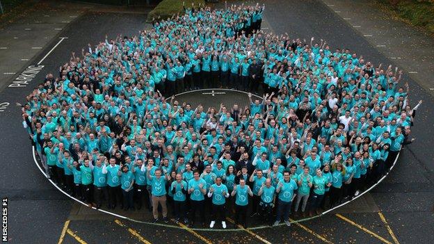 Lewis Hamilton and Mercedes staff form the number '6' to celebrate Hamilton's sixth Formula 1 drivers' title.