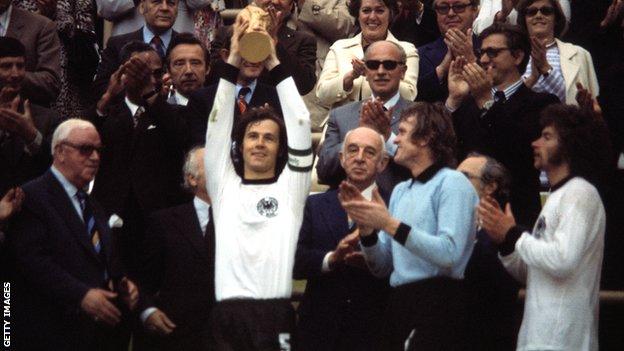 Franz Beckenbauer lifts the 1974 World Cup trophy