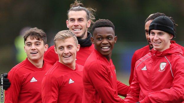 Dan James, Matt Smith, Gareth Bale, Rabbi Matondo, Ashley Williams (obscured) and Ben Woodburn