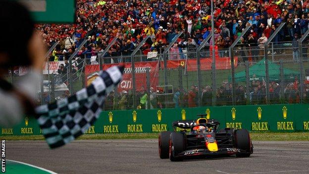 Max Verstappen crosses the line to win the Emilia Romagna Grand Prix