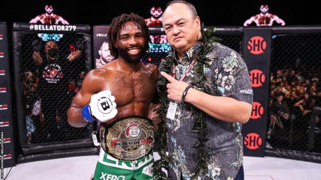 Raufeon Stots with Bellator president Scott Coker following Stots' win over Juan Archuleta