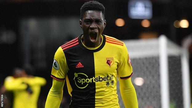 Ismaïla Sarr celebrates scoring for Watford