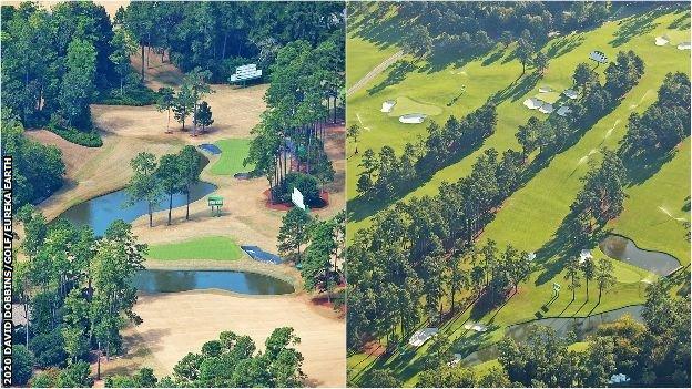 The team at Eureka Earth captured these images 10 days apart to show how the turf at Augusta National was progressing. The picture on the left was taken on 25 September, 50 days before the start of the Masters.