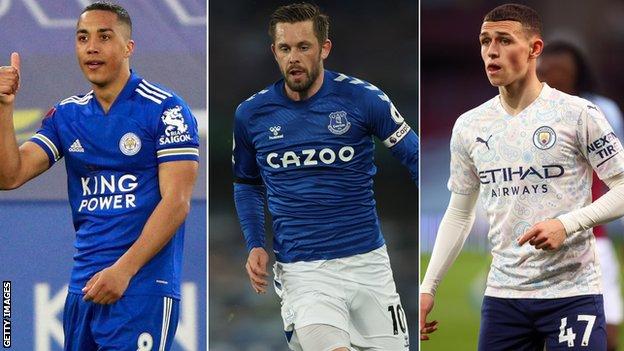 Una imagen dividida de Youri Tielemans, Gylfi Sigurdsson, Phil Foden