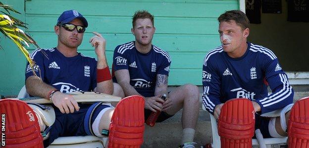 Stokes, centre, missed the 2014 World T20 after breaking his hand punching a locker during England's tour of the West Indies earlier that year