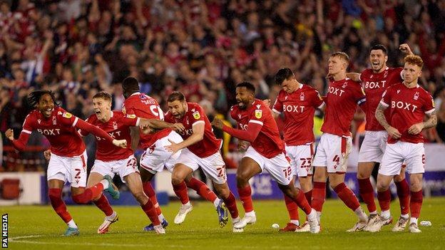 Nottingham Forest' players celebrate getting to the play-off final