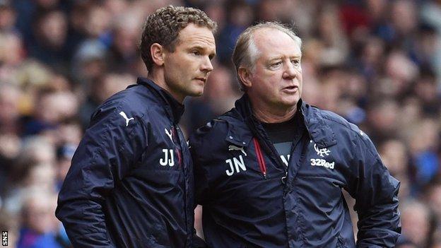 Jonatan Johansson and Jimmy Nicholl on the sidelines with Rangers