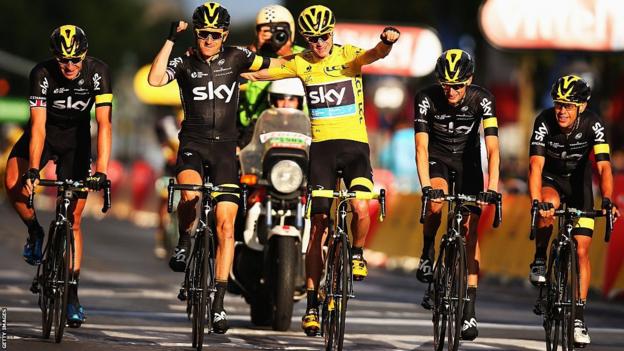 Chris Froome celebrates winning one of his four Tour de France titles with Team Sky in 2015