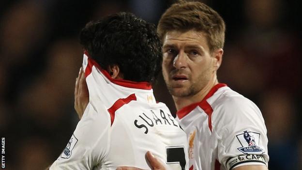 Luis Suarez and Steven Gerrard at the end of Liverpool's 3-3 draw with Crystal Palace at Selhurst Park in 2014