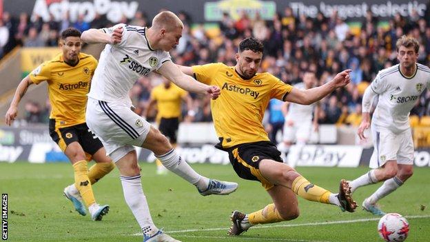 Rasmus Kristensen scores Leeds United's third goal in their Premier League match with Wolverhampton Wanderers at Molineux