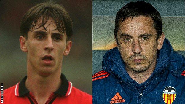 Gary Neville in 1995 and 2016