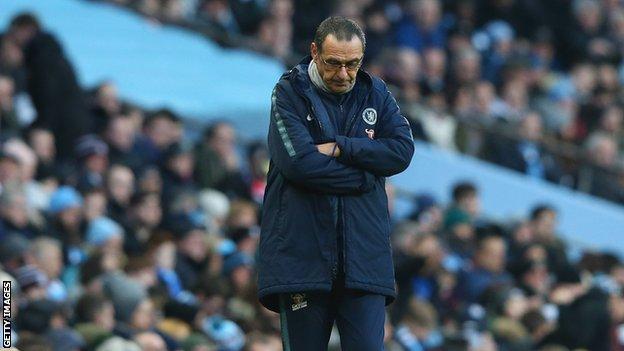 Chelsea boss Maurizio Sarri looks down at the ground during his side's 6-0 defeat by Manchester City