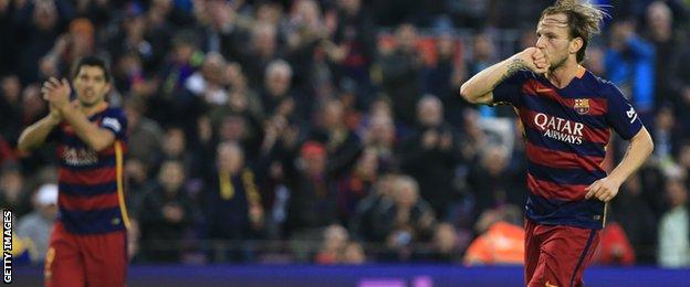 Ivan Rakitic celebrates scoring for Barcelona against Deportivo de La Coruna
