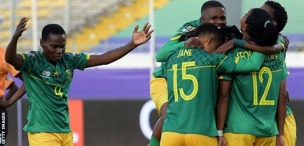 South Africa celebrate their winning goal against Zambia in their Wafcon semi-final