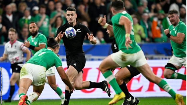 New Zealand's Will Jordan races on to score a try against Ireland in last October's World Cup quarter-final