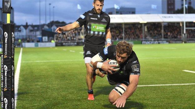 Callum Gibbins scored the first of Glasgow's three tries as they beat Munster