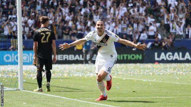 Zlatan Ibrahimovic of Los Angeles Galaxy celebrates after scoring a goal to make it 4-3 during the MLS match between Los Angeles FC and Los Angeles Galaxy