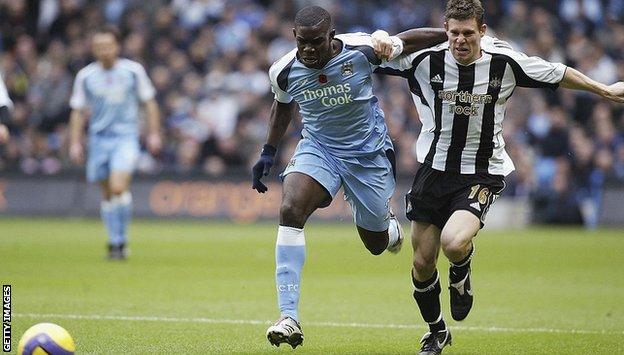 Micah Richards and James Miner battle for the ball in 2006 when Milner was on the wing for Newcastle